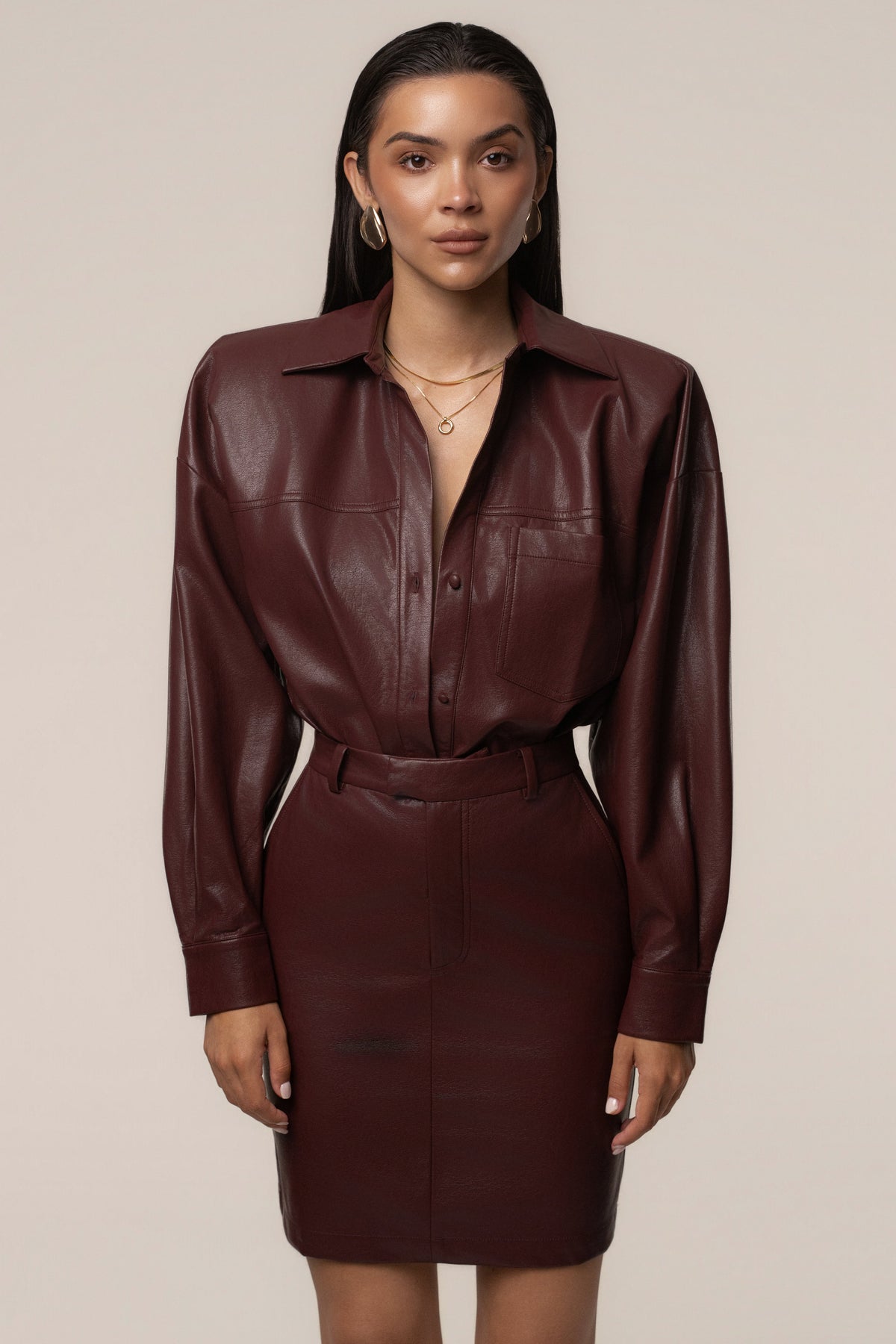 Burgundy Milano PU Leather Skirt