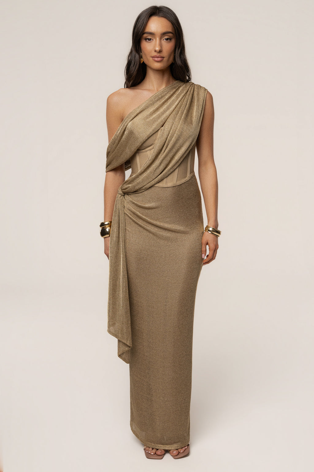 Gold Metallic Celestina Draped Maxi Dress