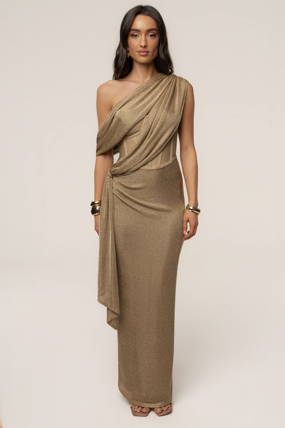 Gold Metallic Celestina Draped Maxi Dress