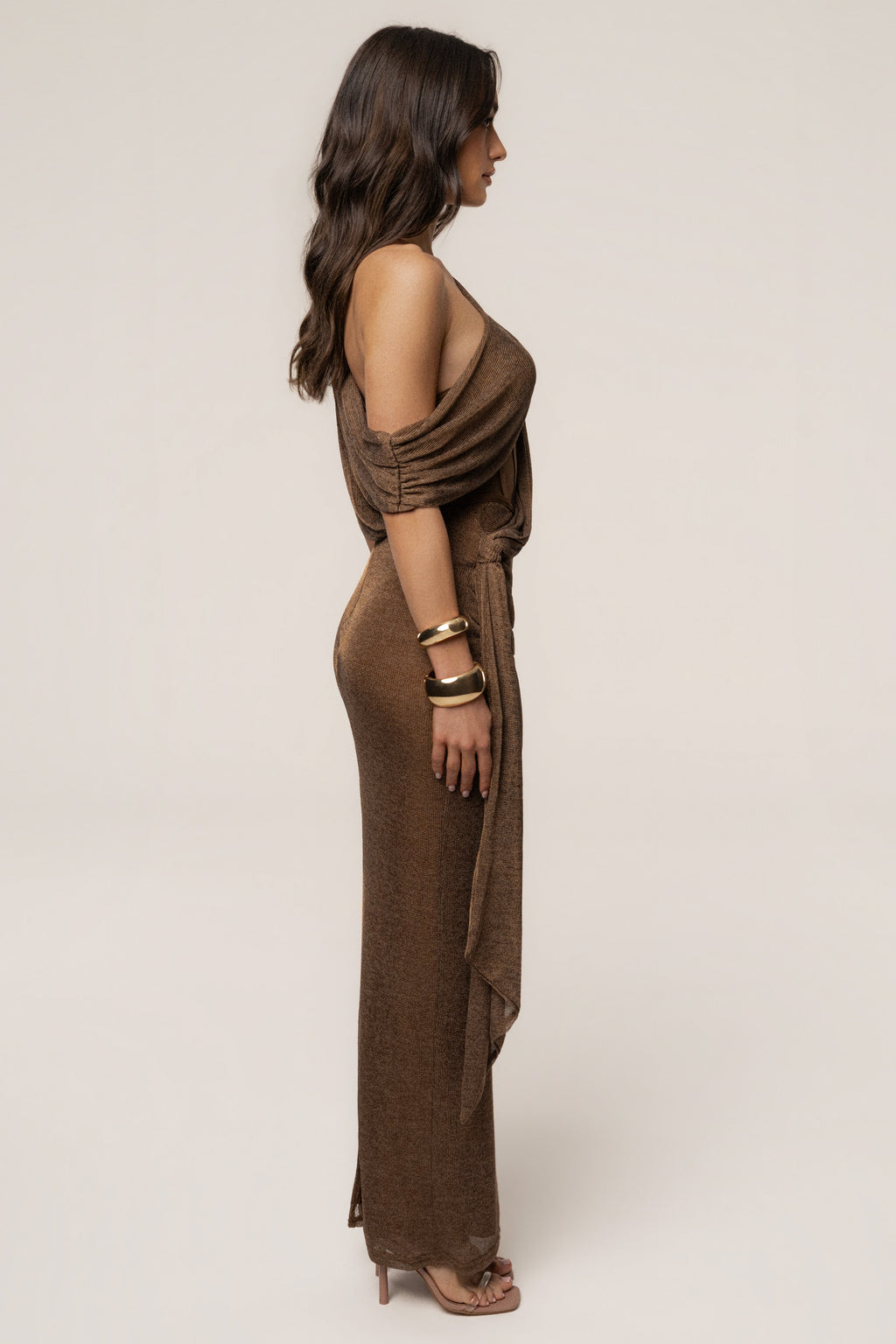 Bronze Metallic Celestina Draped Maxi Dress