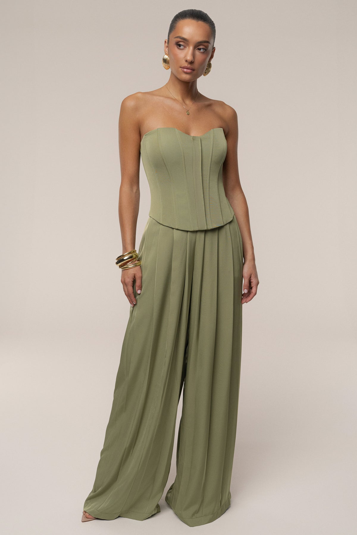 Olive Clara Wide Leg Pleated Trousers