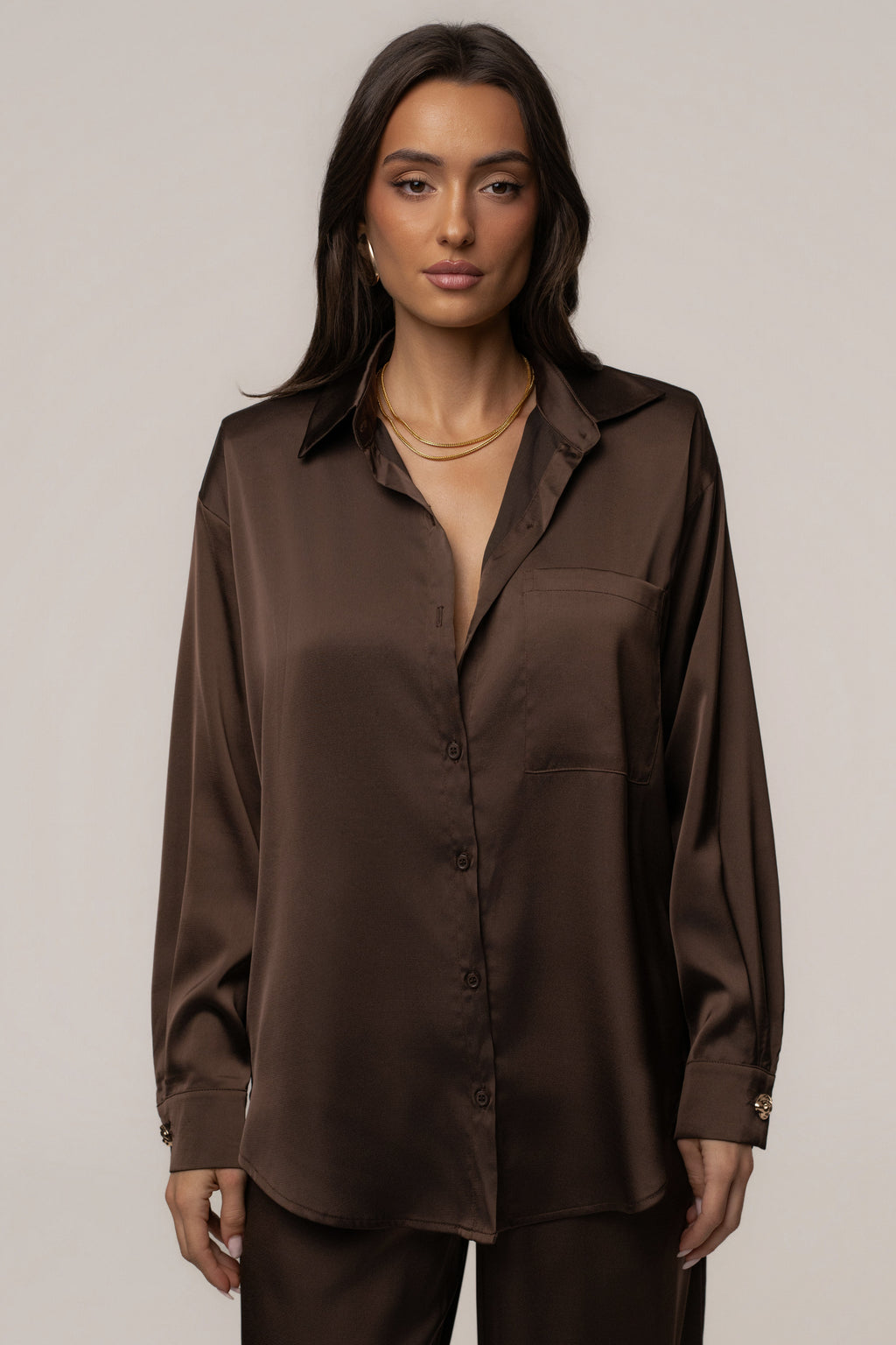 Chocolate Island Ease Collared Satin Top