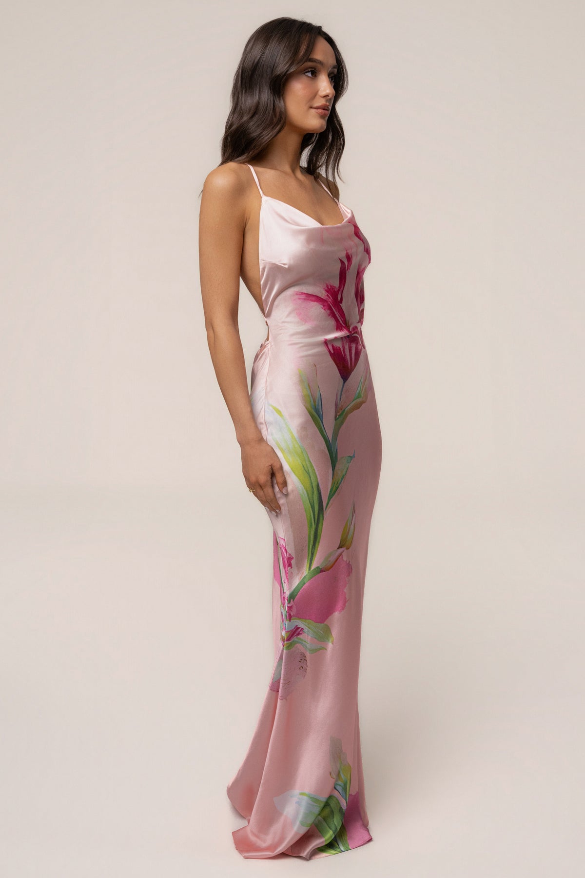 Light Pink Satin Floral Print Maxi Dress
