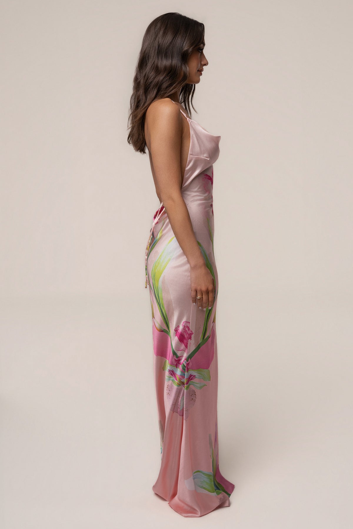 Light Pink Satin Floral Print Maxi Dress