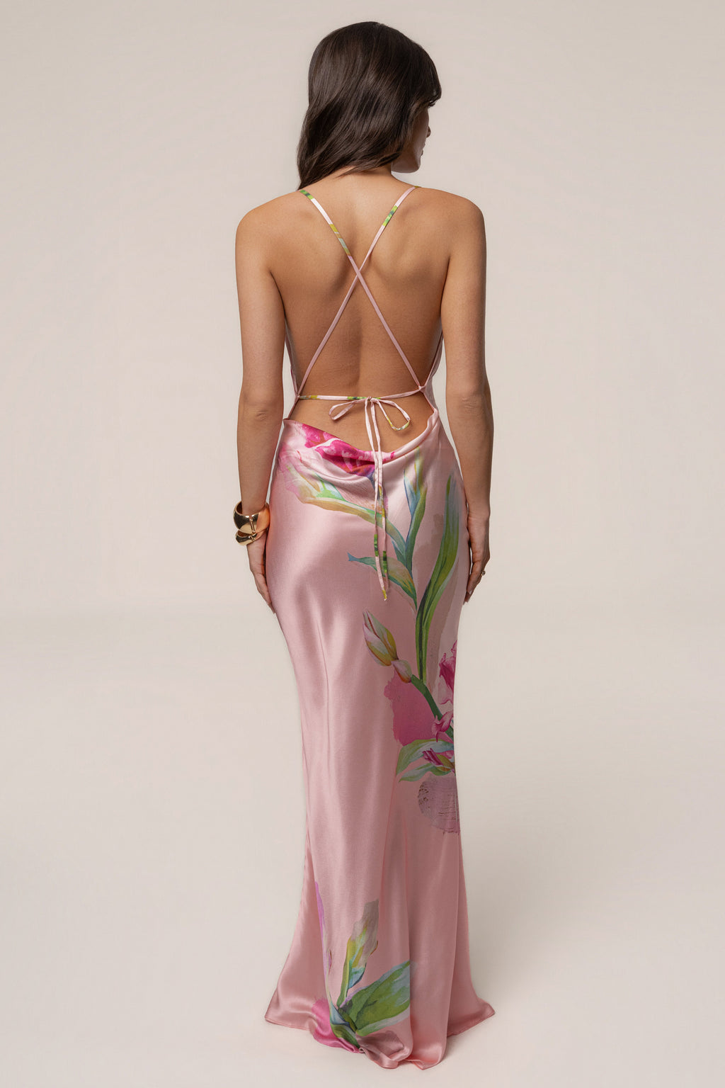 Light Pink Satin Floral Print Maxi Dress
