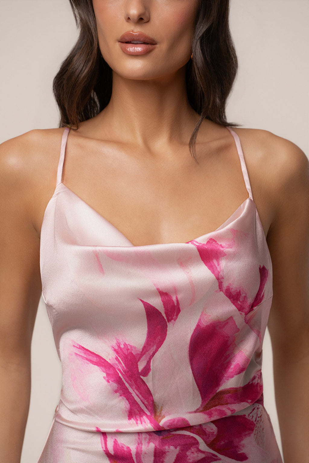 Light Pink Satin Floral Print Maxi Dress