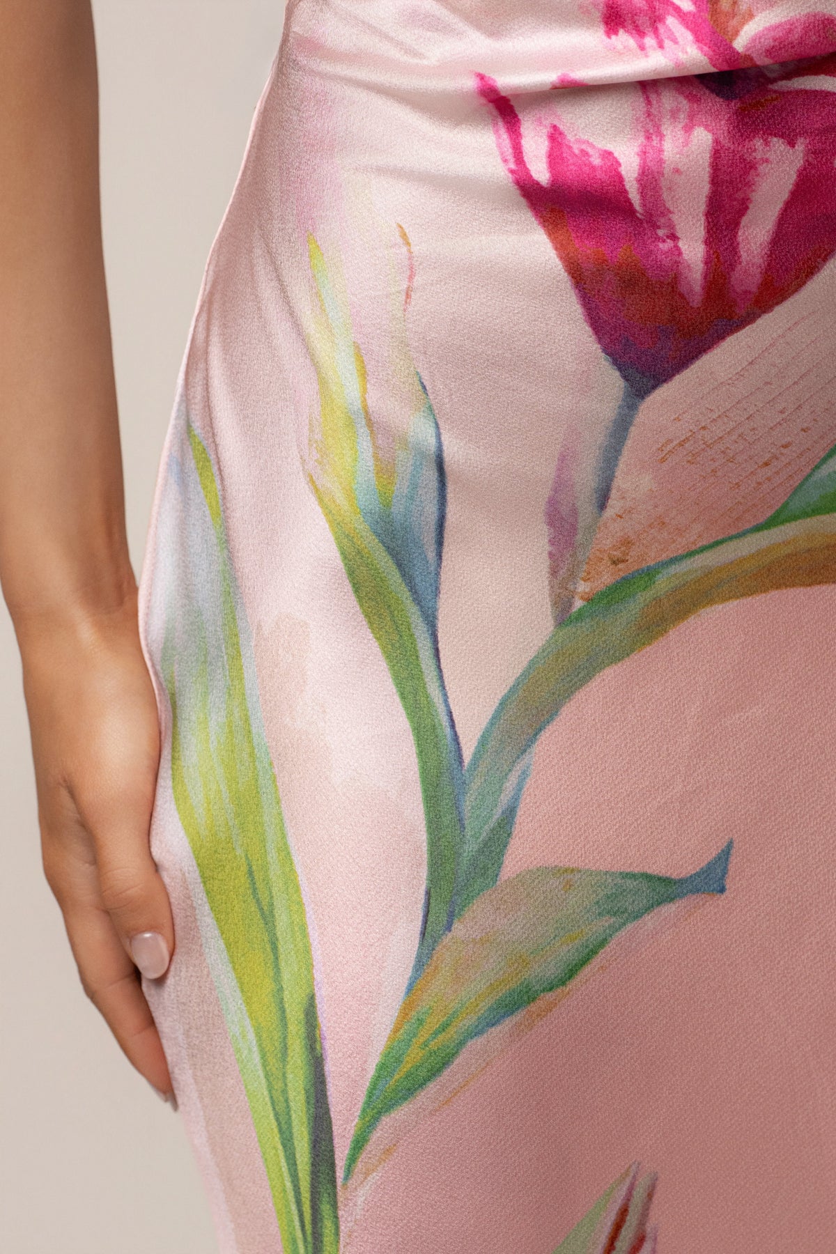 Light Pink Satin Floral Print Maxi Dress