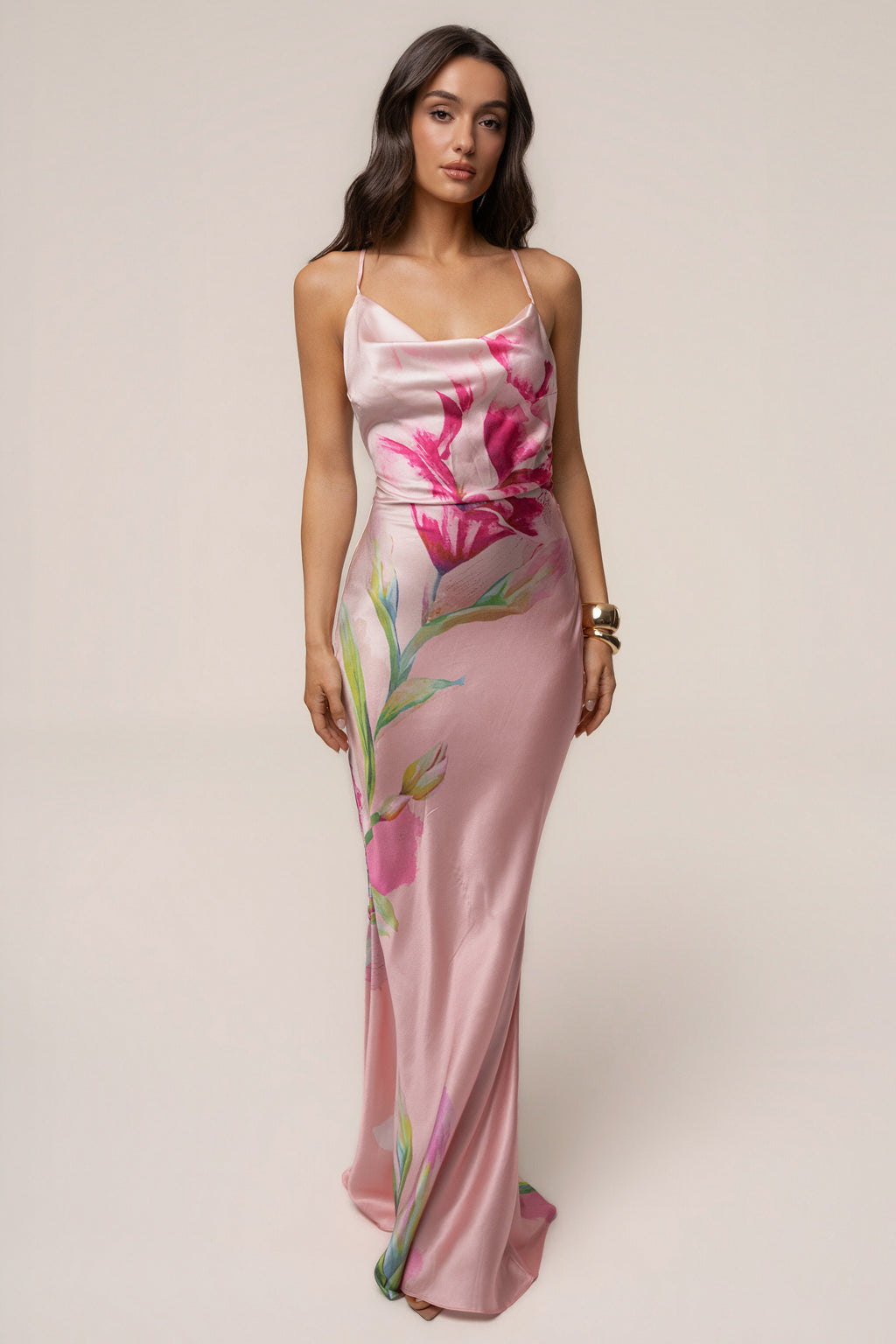 Light Pink Satin Floral Print Maxi Dress