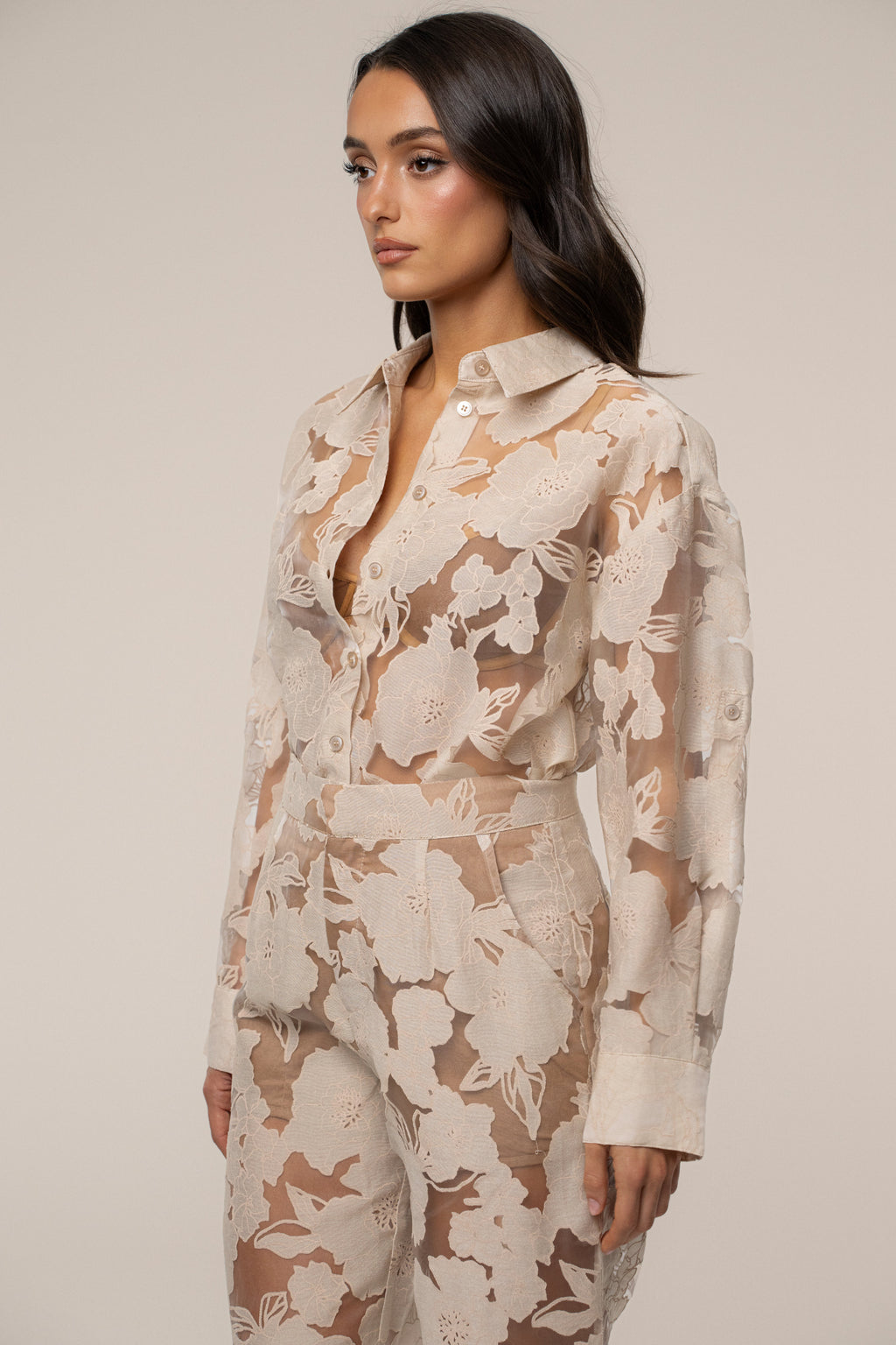 Beige Organza Floral Blouse