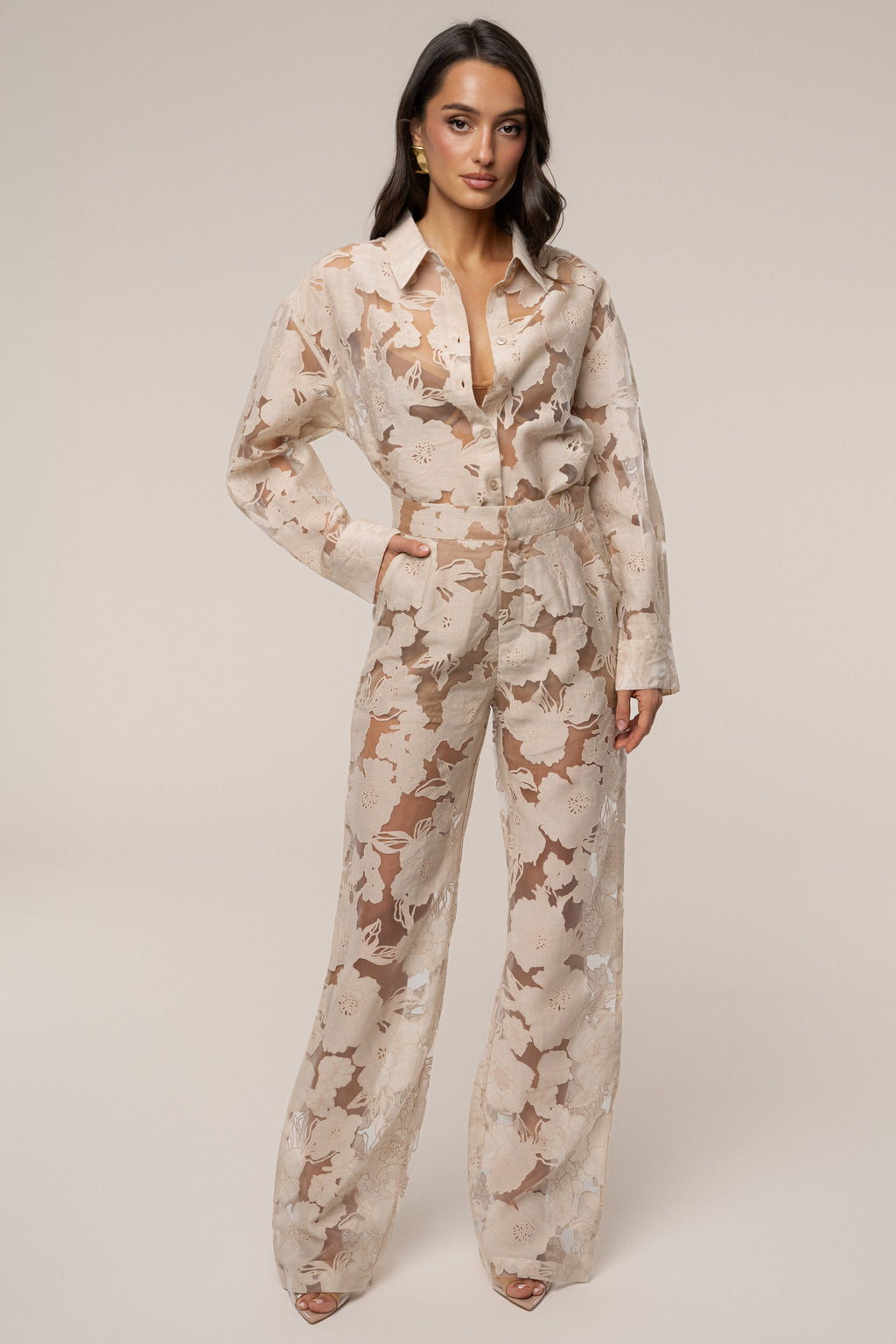 Beige Organza Floral Pant
