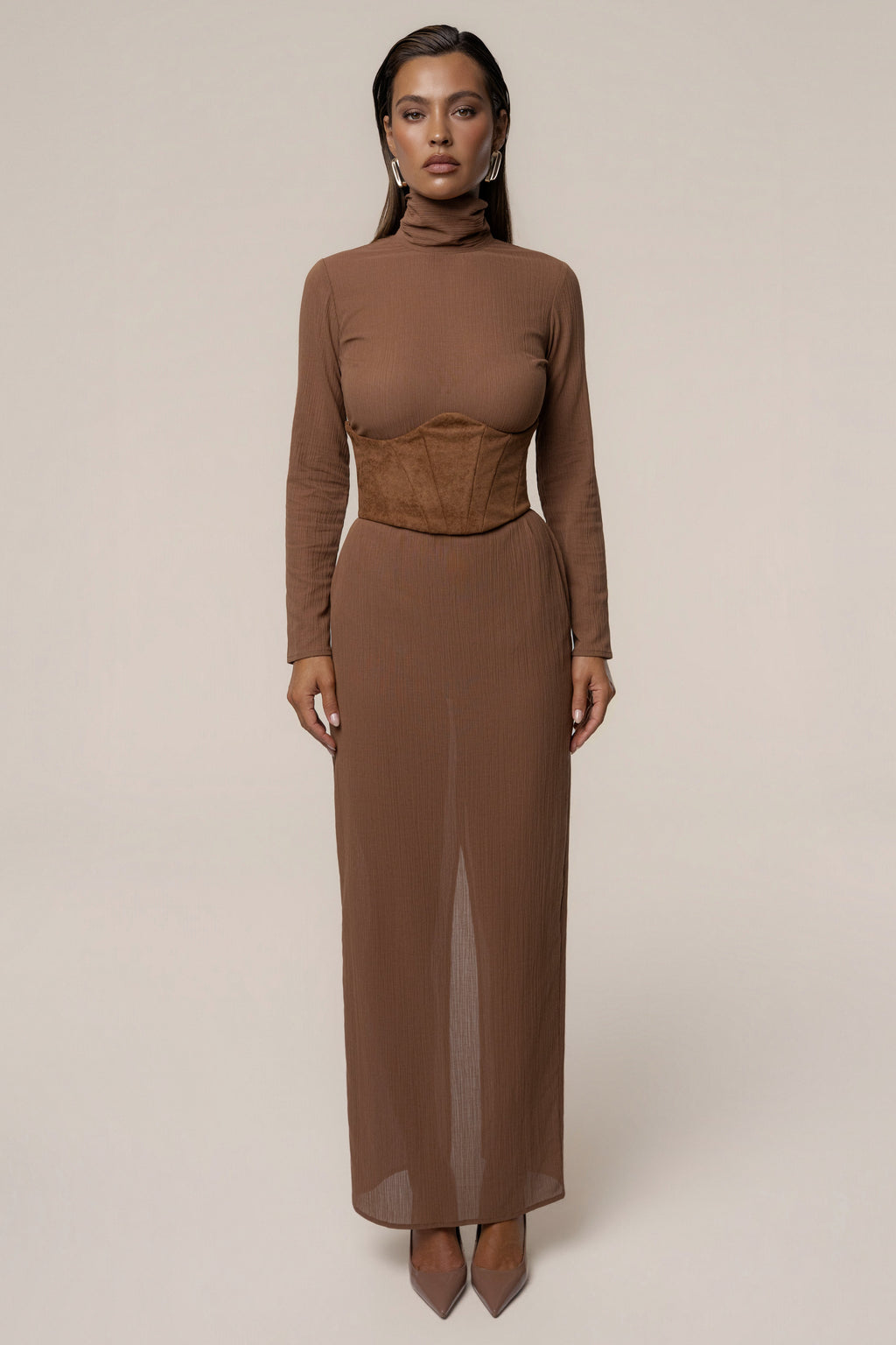 Pecan Hourglass Suede Maxi Dress