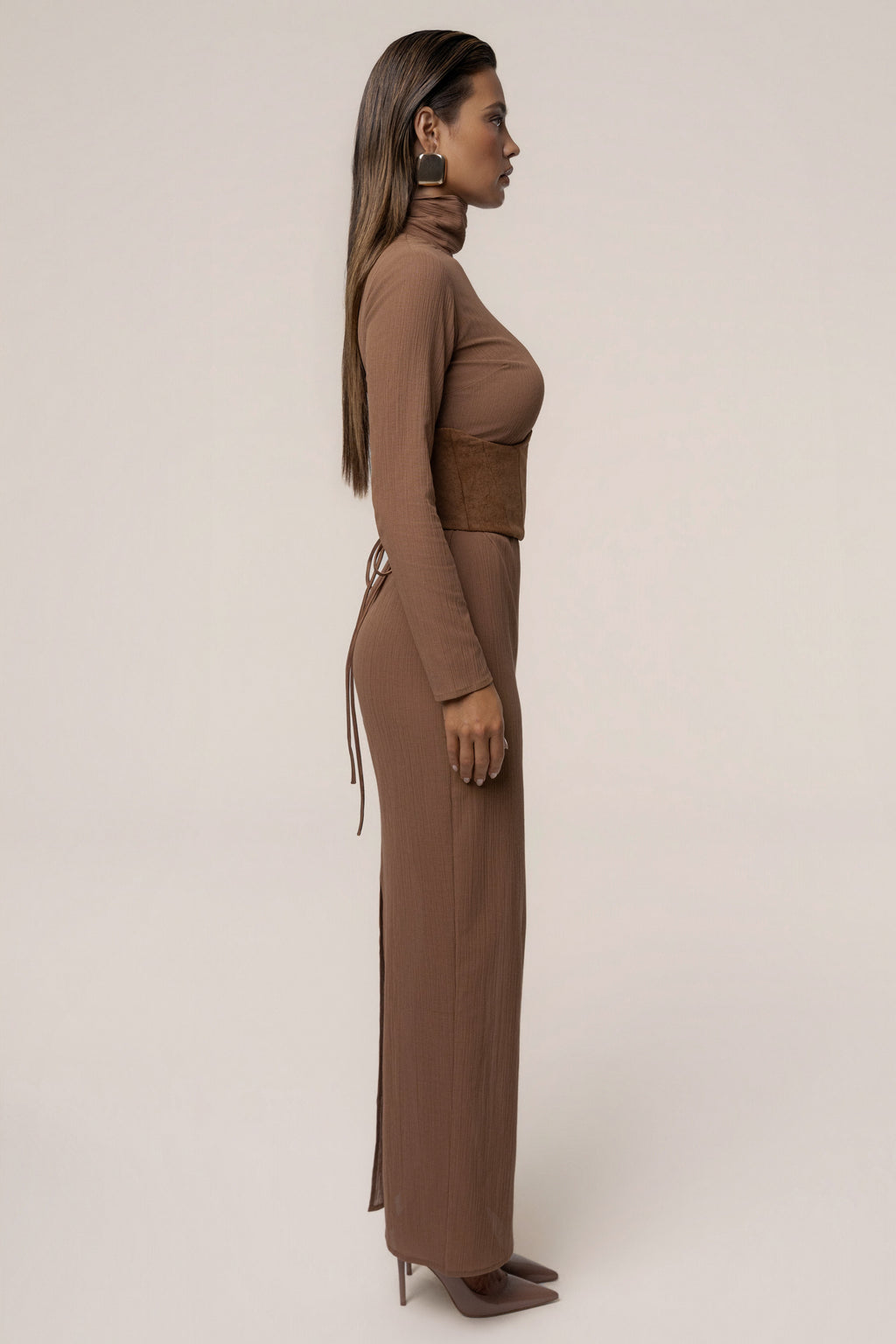 Pecan Hourglass Suede Maxi Dress