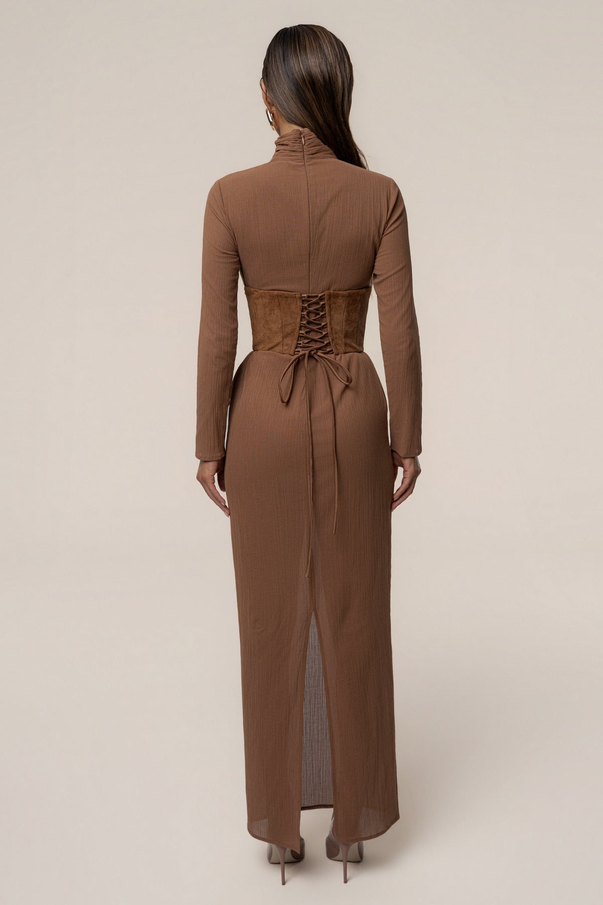 Pecan Hourglass Suede Maxi Dress