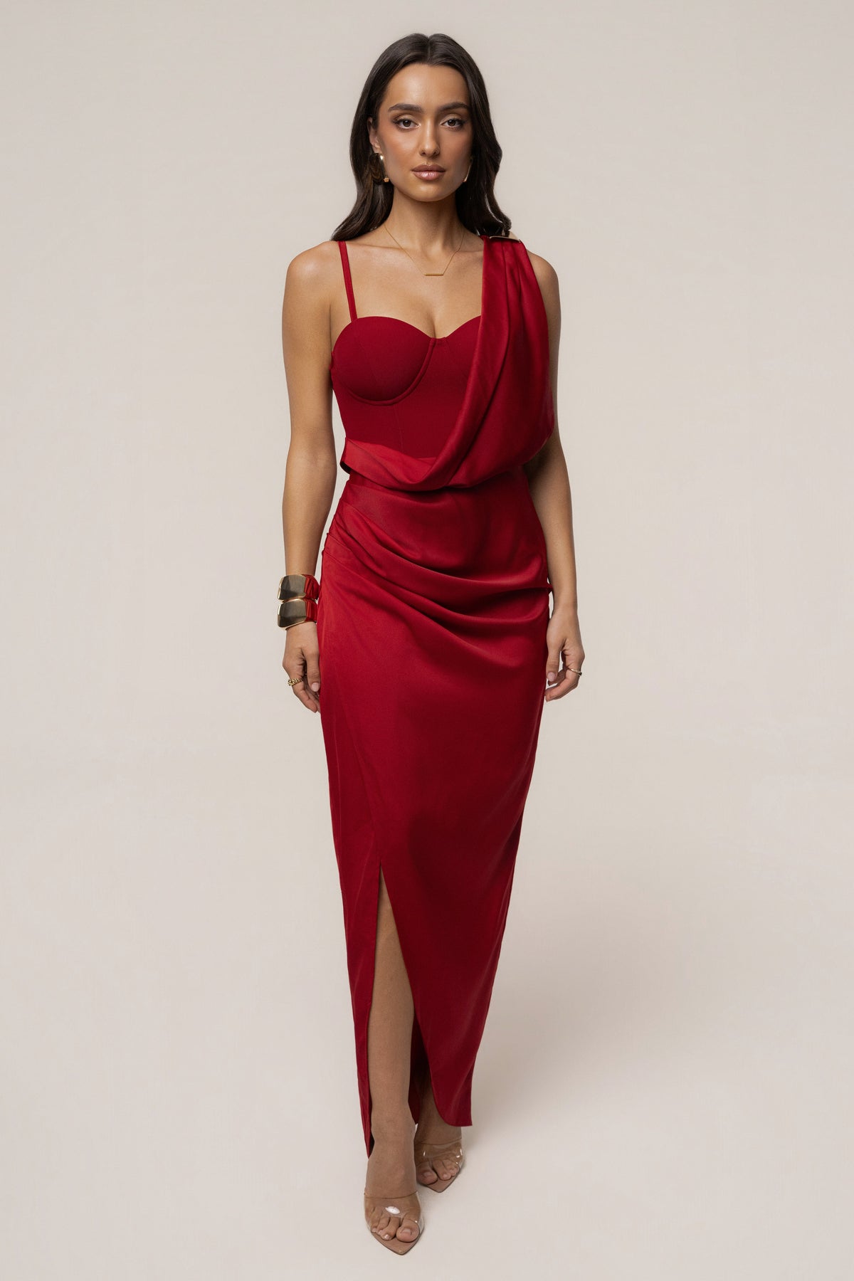 Red Draped Radiance Maxi Dress