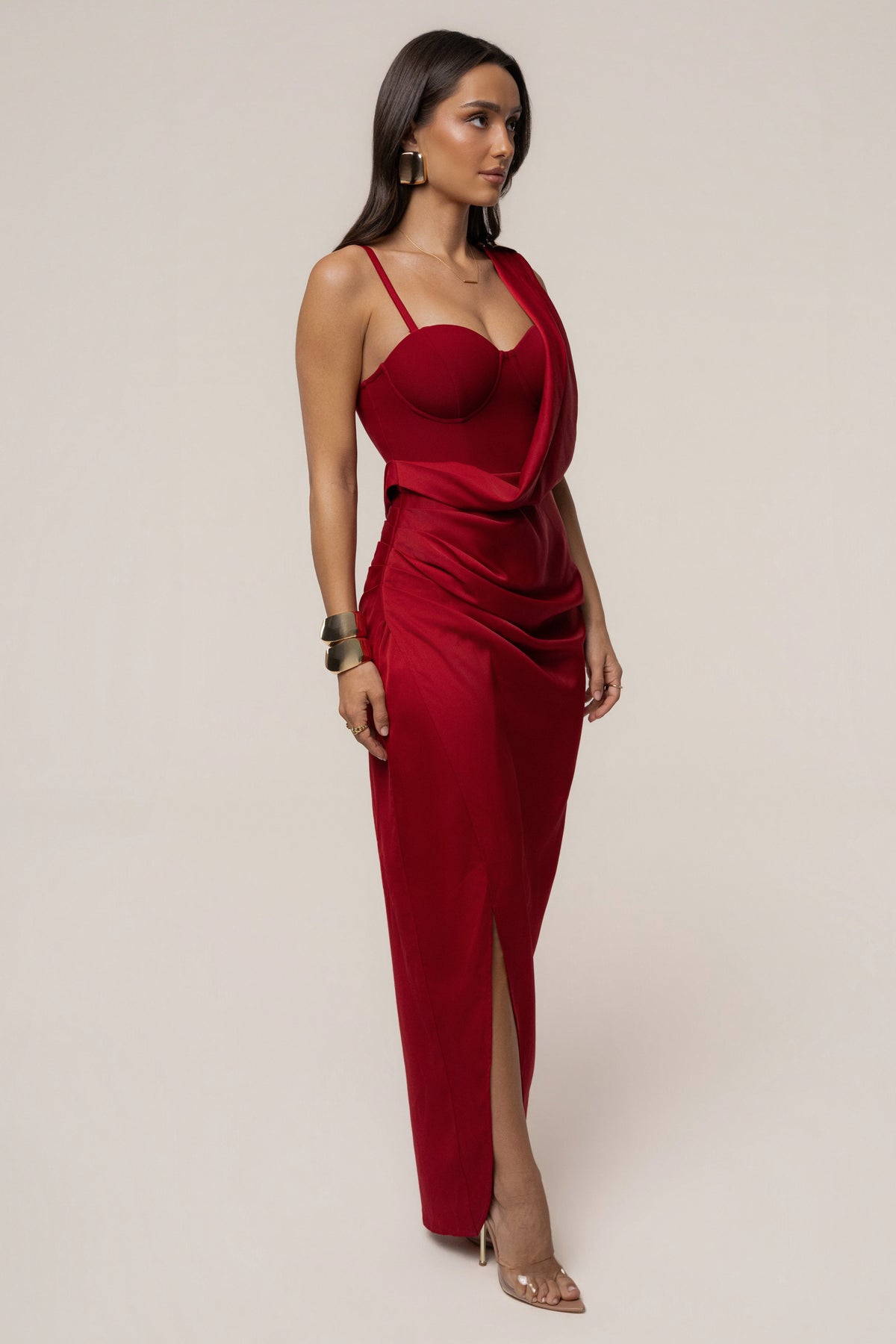 Red Draped Radiance Maxi Dress