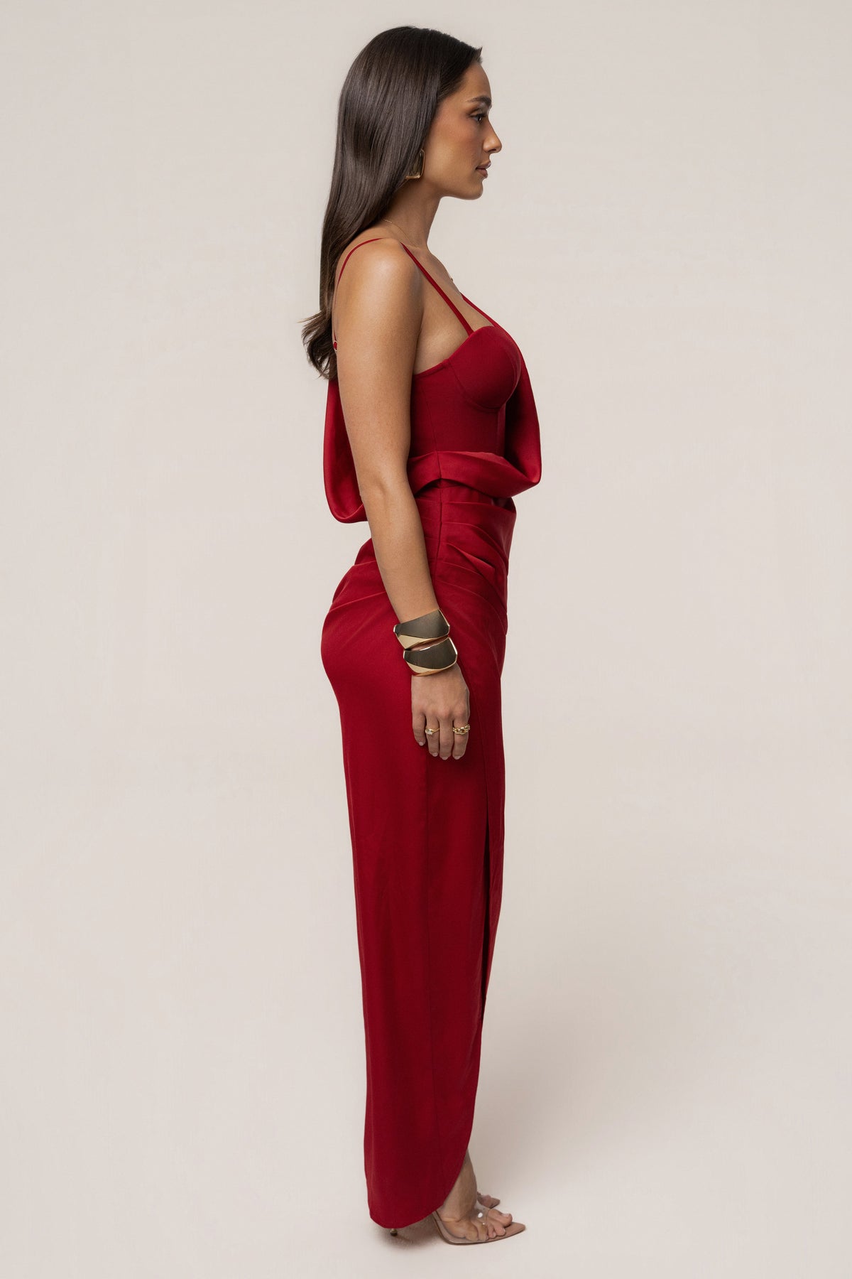 Red Draped Radiance Maxi Dress
