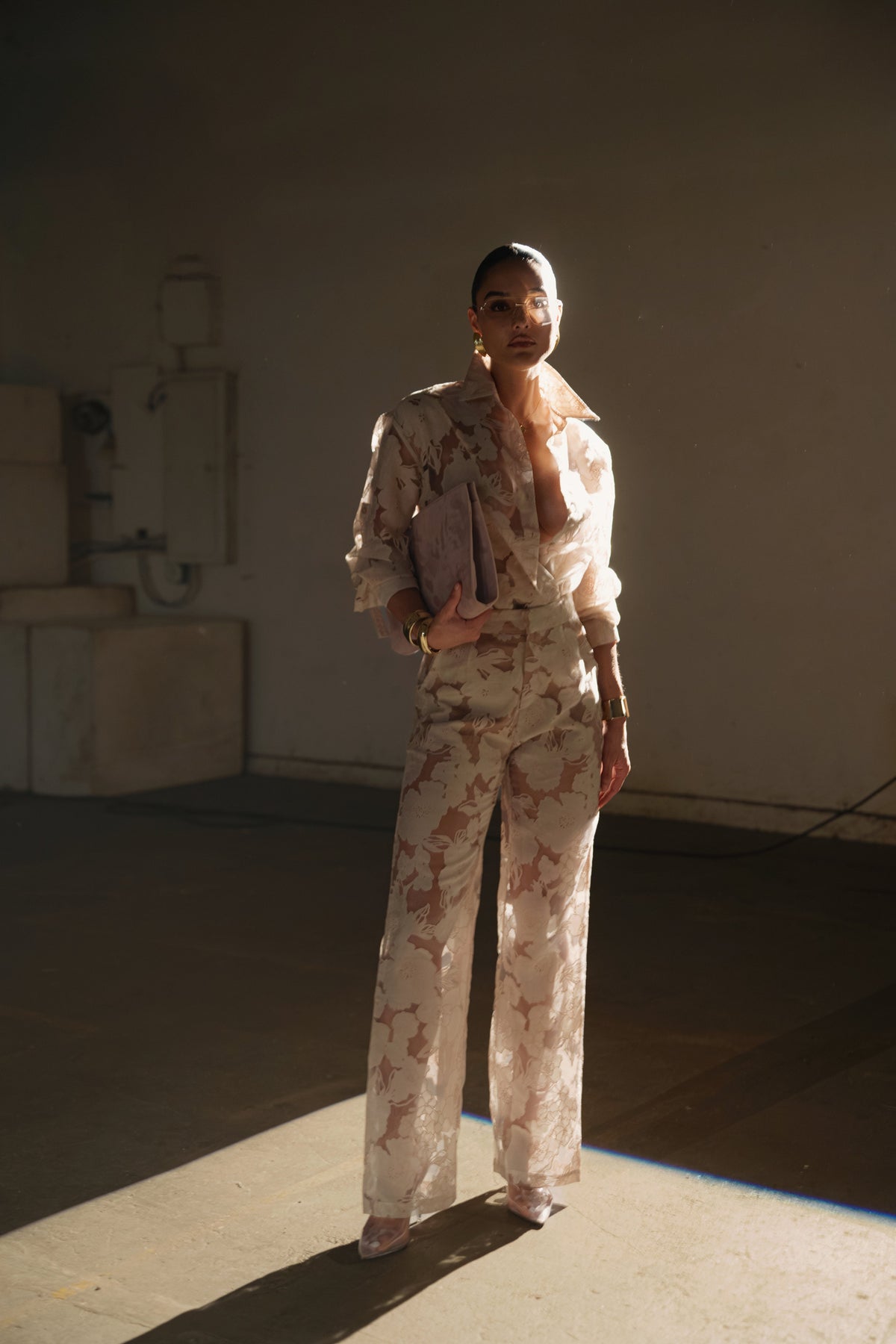 Beige Organza Floral Pant